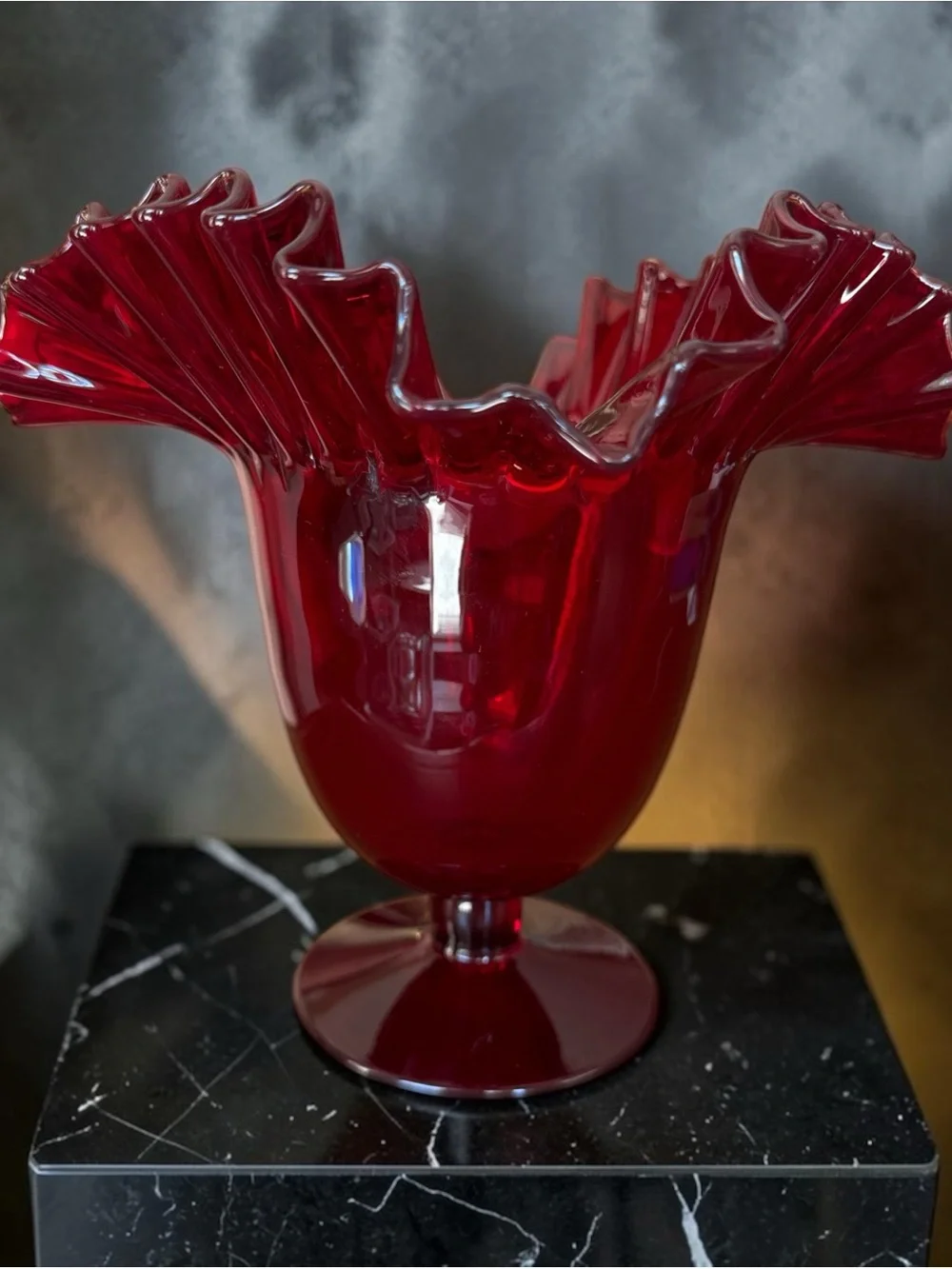 VTG Blenko #388 Ruby Red Art Glass Ruffled Pedestal Vase Mid Century Modern MCM